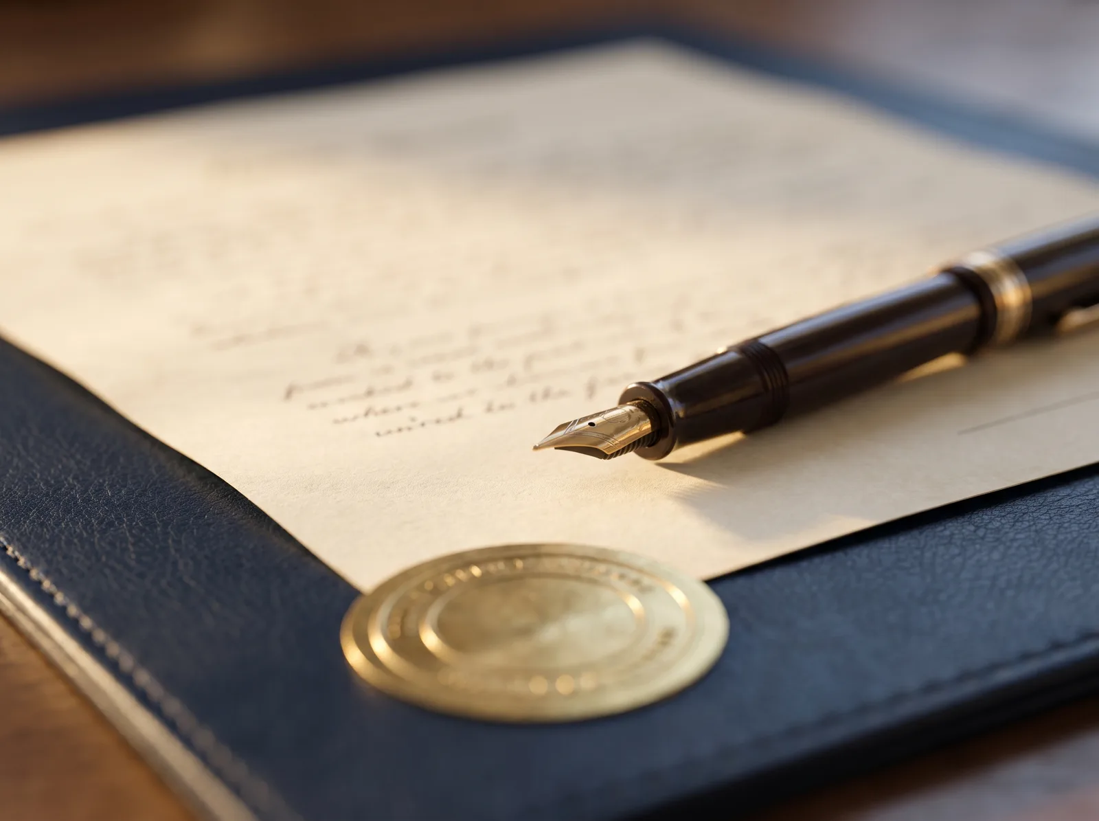 Fountain pen and brass seal on a settlement document (sample image)