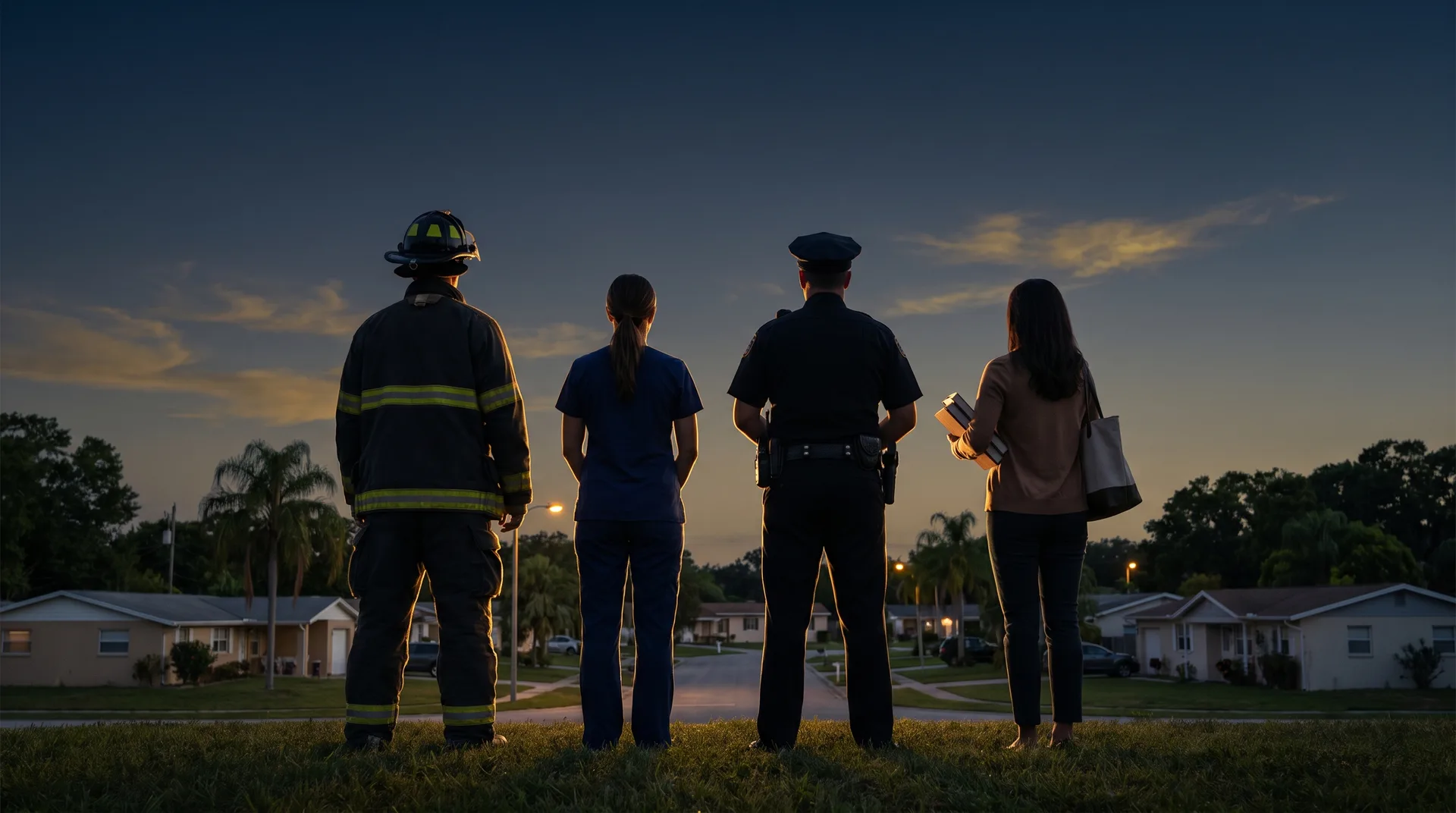 A firefighter, nurse, police officer and teacher looking over a Florida neighborhood at dusk (sample image)