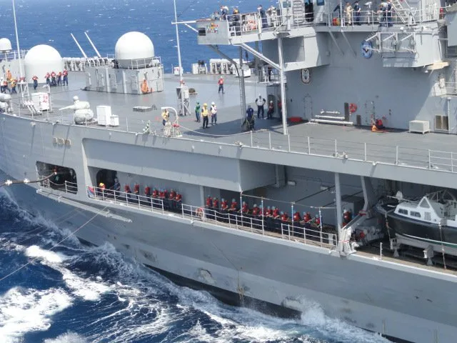 Replenishment at sea aboard the USS Blue Ridge during Trent Brands' Navy service